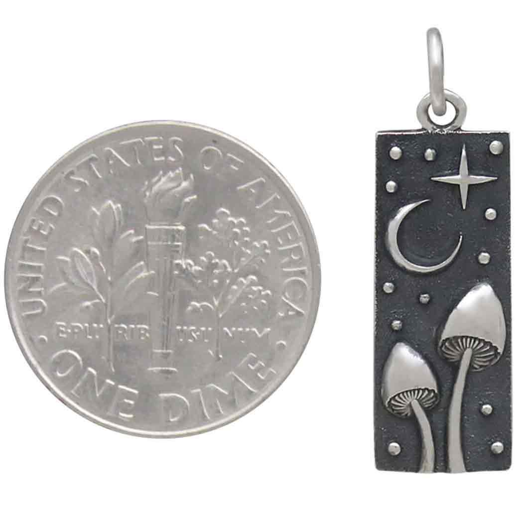 Sterling Silver Rectangle Mushrooms and Moon Charm 26x8mm