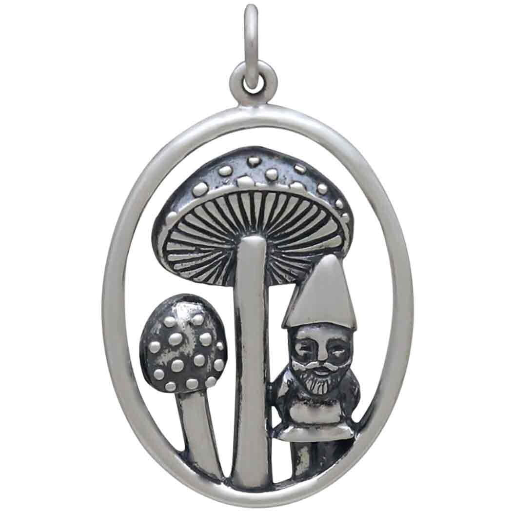 Sterling Silver Mushroom and Gnome Pendant 31x19mm