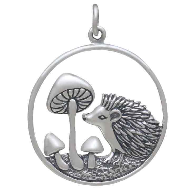 Sterling Silver Hedgehog and Mushroom Charm 29x23mm