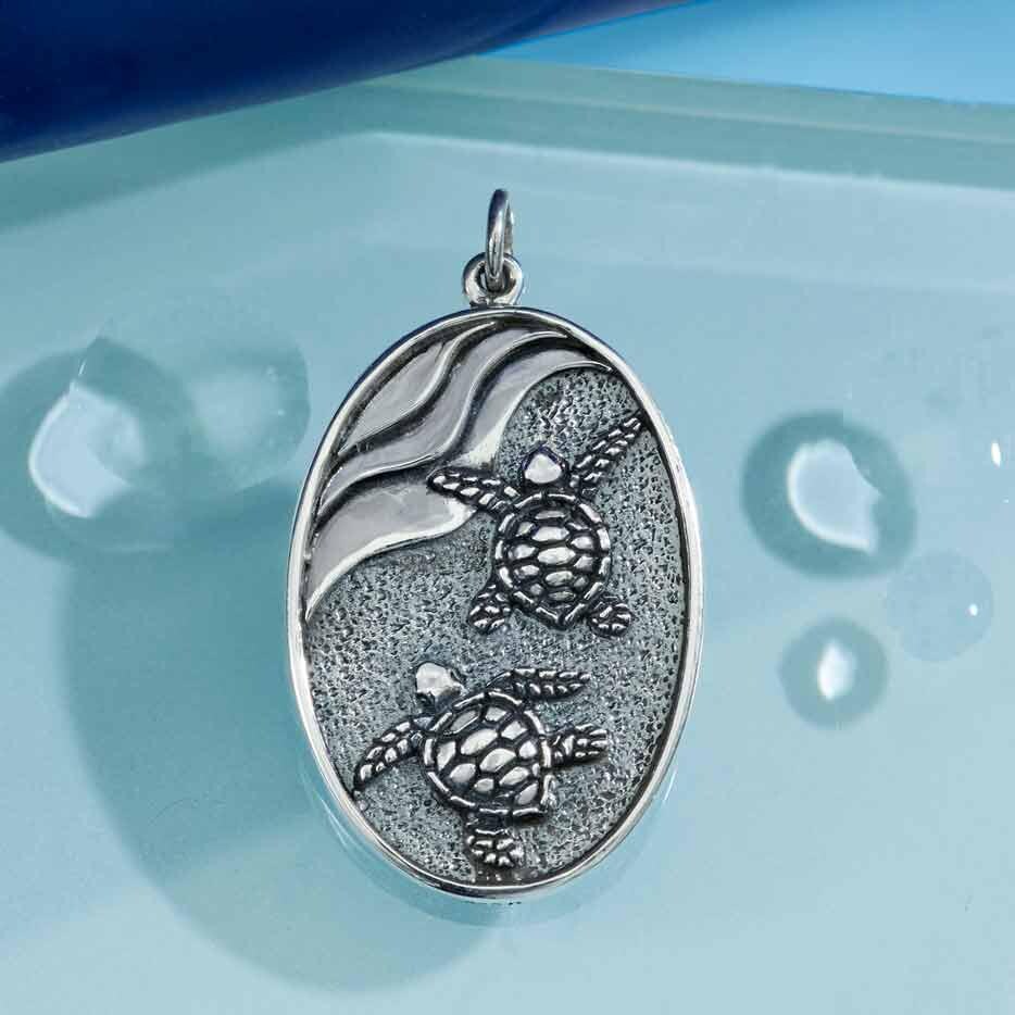 Sterling Silver Baby Sea Turtles Pendant 33x19mm