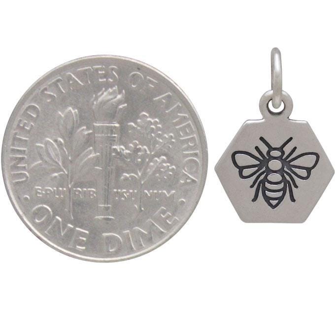 Sterling Silver Hexagon Charm with Etched Bee 15x10mm