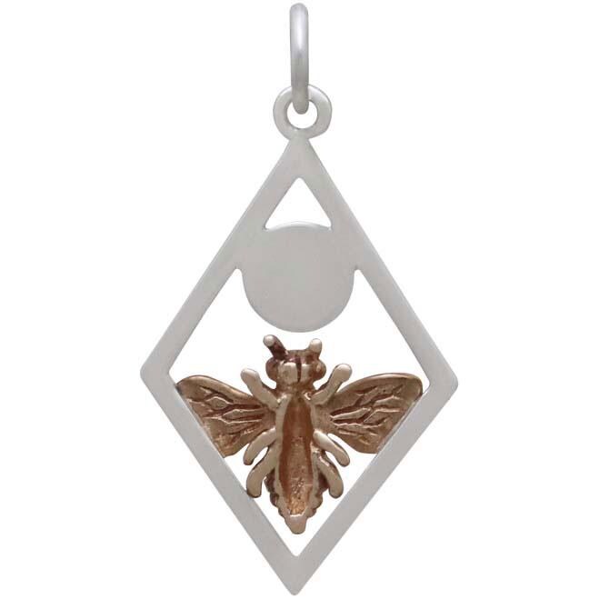 Bronze Bee Charm with Sun in Silver Diamond Frame 28x15mm