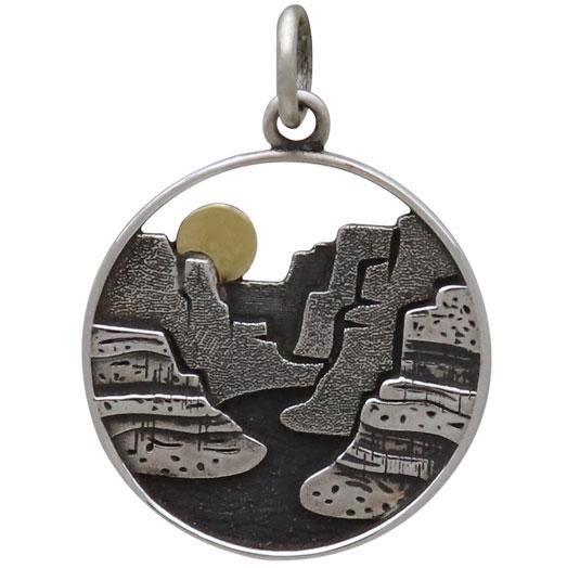 Sterling Silver Layered Canyon Charm with Bronze Sun 22x16mm
