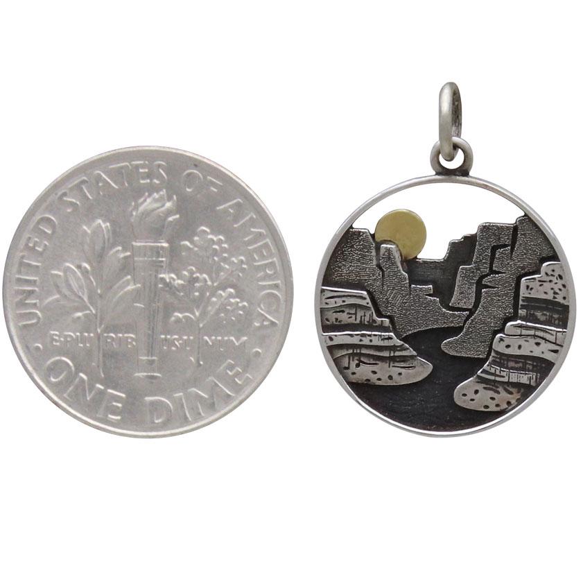 Sterling Silver Layered Canyon Charm with Bronze Sun 22x16mm