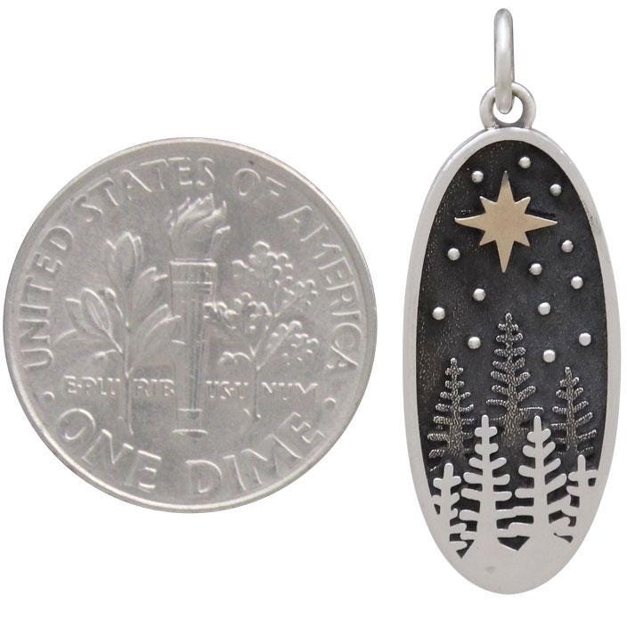 Sterling Silver Pine Tree Charm with Bronze Star 28x10mm