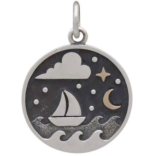 Silver Sailboat Charm with Bronze Star and Moon 21x15mm