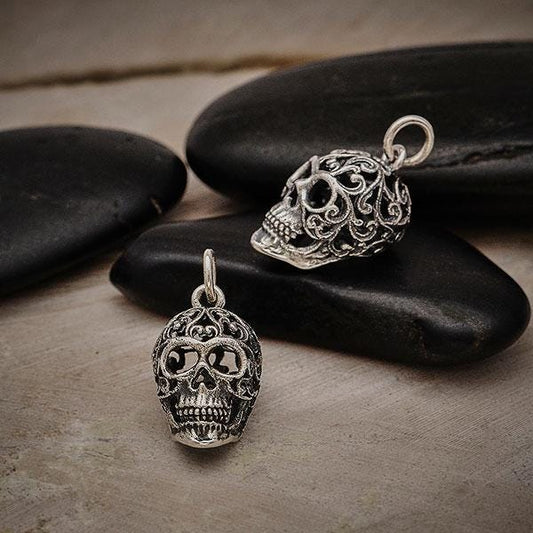 Sterling Silver Sugar Skull Charm with Filigree Scroll Work