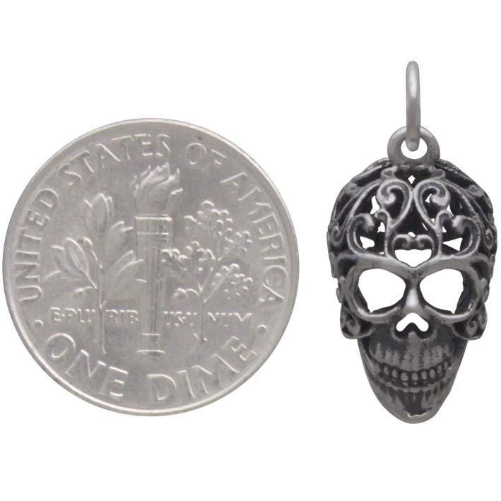 Sterling Silver Sugar Skull Charm with Filigree Scroll Work