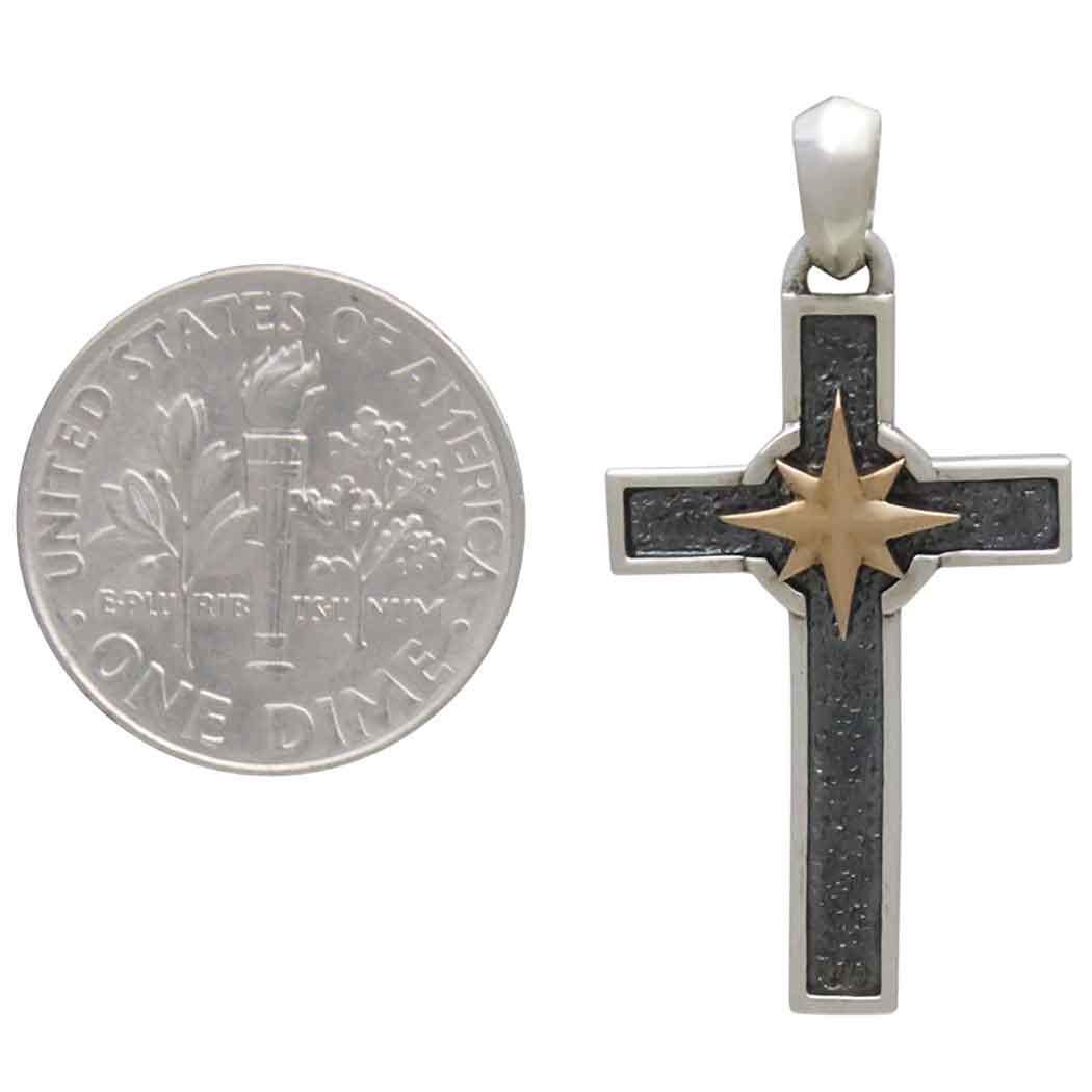 Sterling Silver Cross with Bronze Compass Pendant 33x16mm