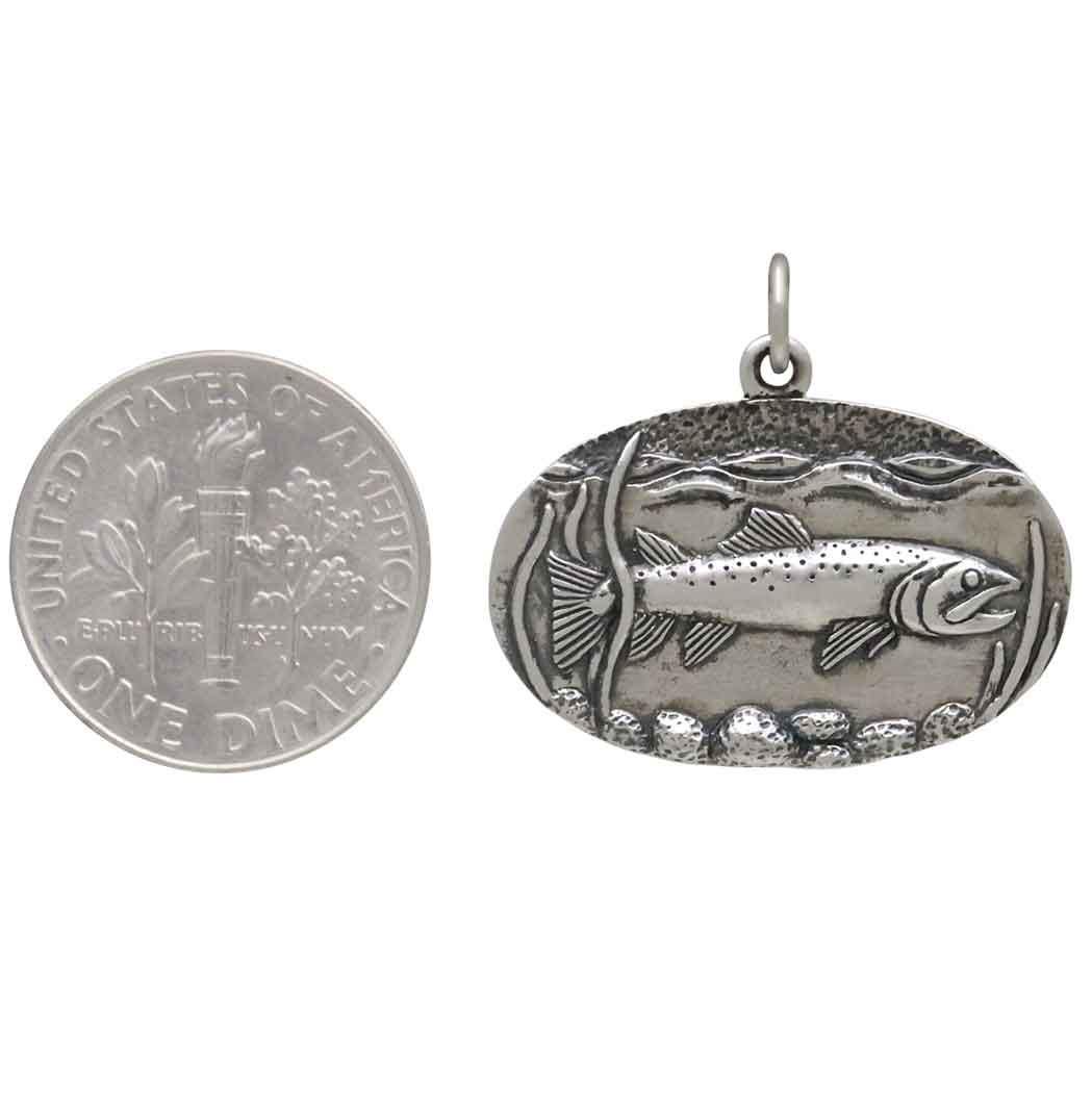 Sterling Silver Trout in Stream Pendant 22x25mm