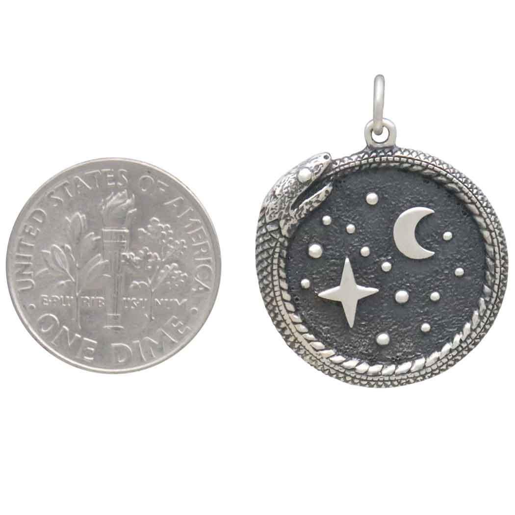 Sterling Silver Ouroboros with Moon and Stars 27x21mm