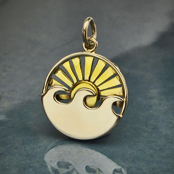 Sterling Silver Wave Charm with Bronze Setting Sun
