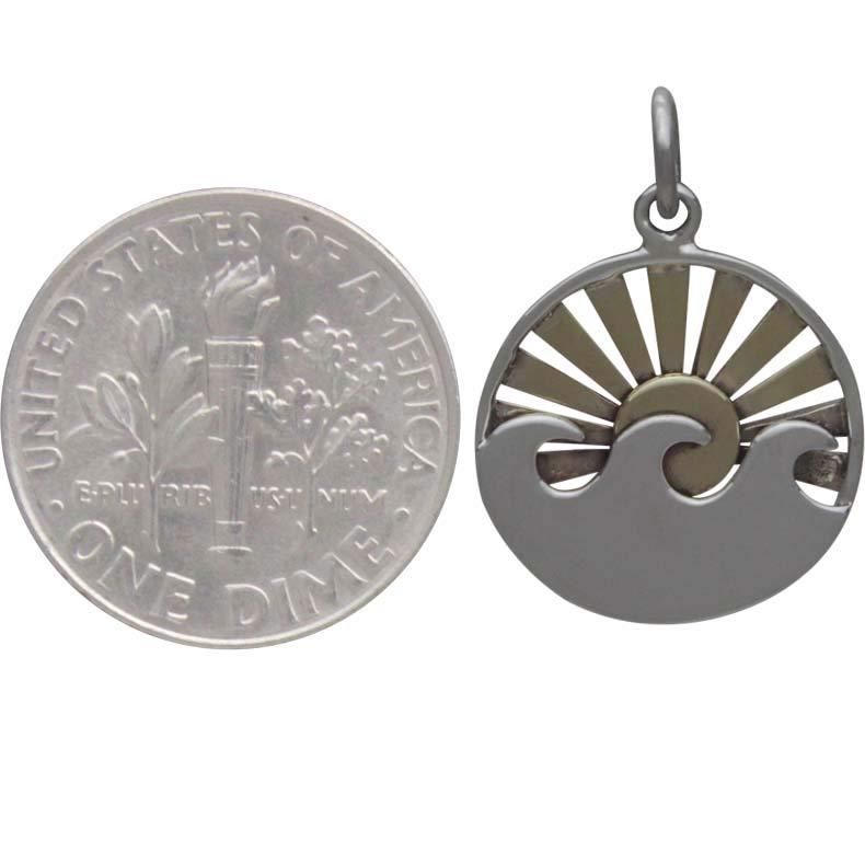 Sterling Silver Wave Charm with Bronze Setting Sun