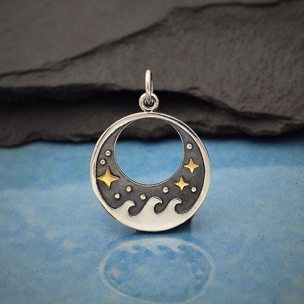 Sterling Silver Wave Charm with Bronze Stars 23x17mmSterling Silver Wave Charm with Bronze Stars 23x17mm