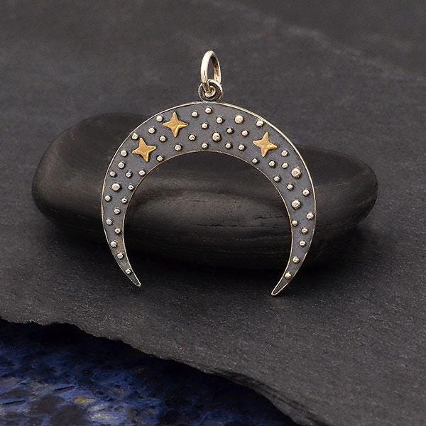 Sterling Silver Moon Pendant with Bronze Stars 28x25mm