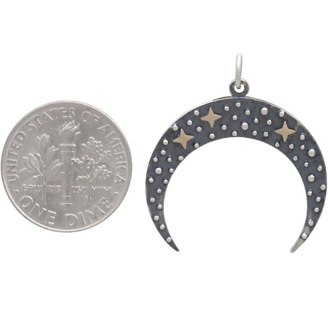 Sterling Silver Moon Pendant with Bronze Stars 28x25mm