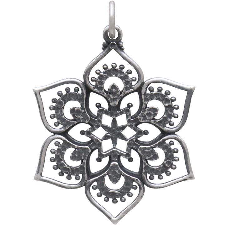 Sterling Silver Openwork Lotus Mandala Pendant 31x22mm