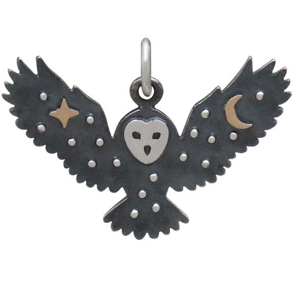 Sterling Silver Owl Charm with Bronze Star and Moon 18x25mm