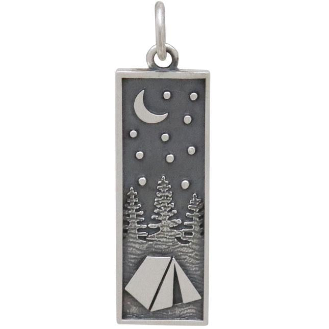 Sterling Silver Rectangle Camping Charm with Tent 28x8mm