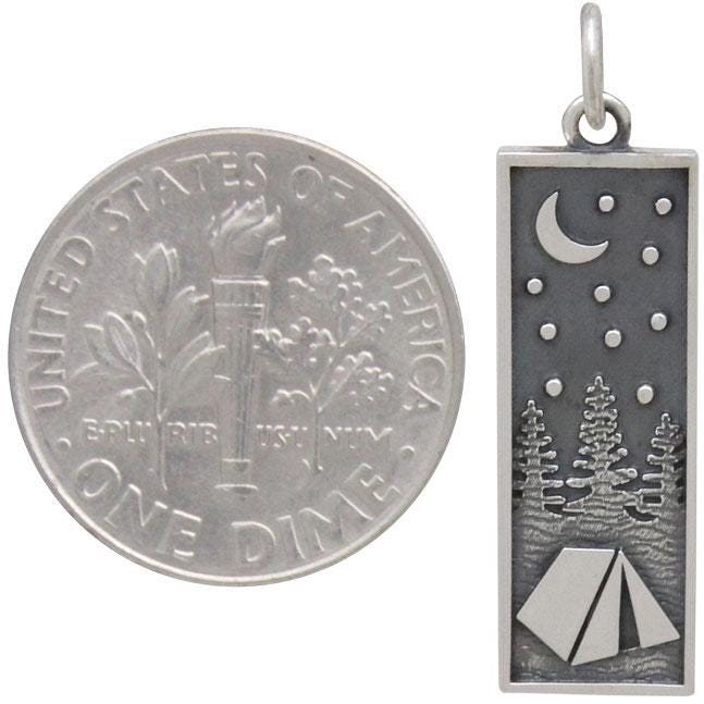 Sterling Silver Rectangle Camping Charm with Tent 28x8mm