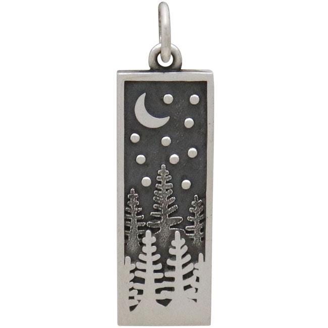 Sterling Silver Rectangle Pine Tree Charm with Moon 28x8mm