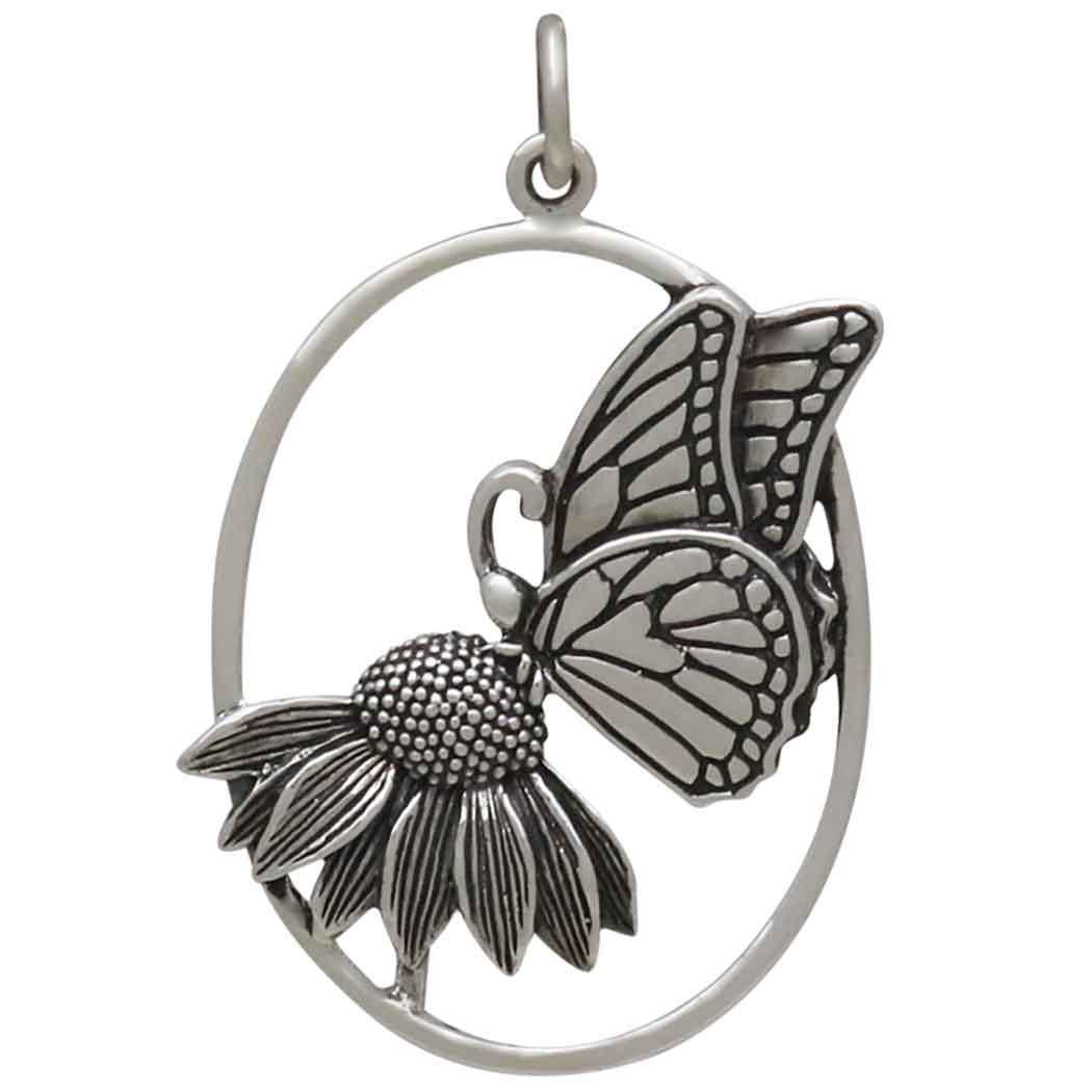 Sterling Silver Butterfly on Flower Pendant 31x21mm