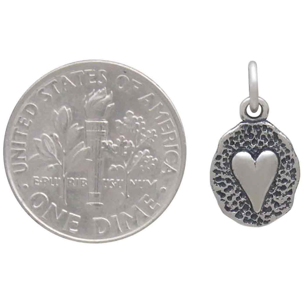 Sterling Silver Heart on Oval Coin Charm 17x9mm