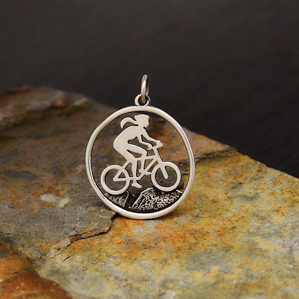 Sterling Silver Mountain Biker Girl Charm 26x20mm
