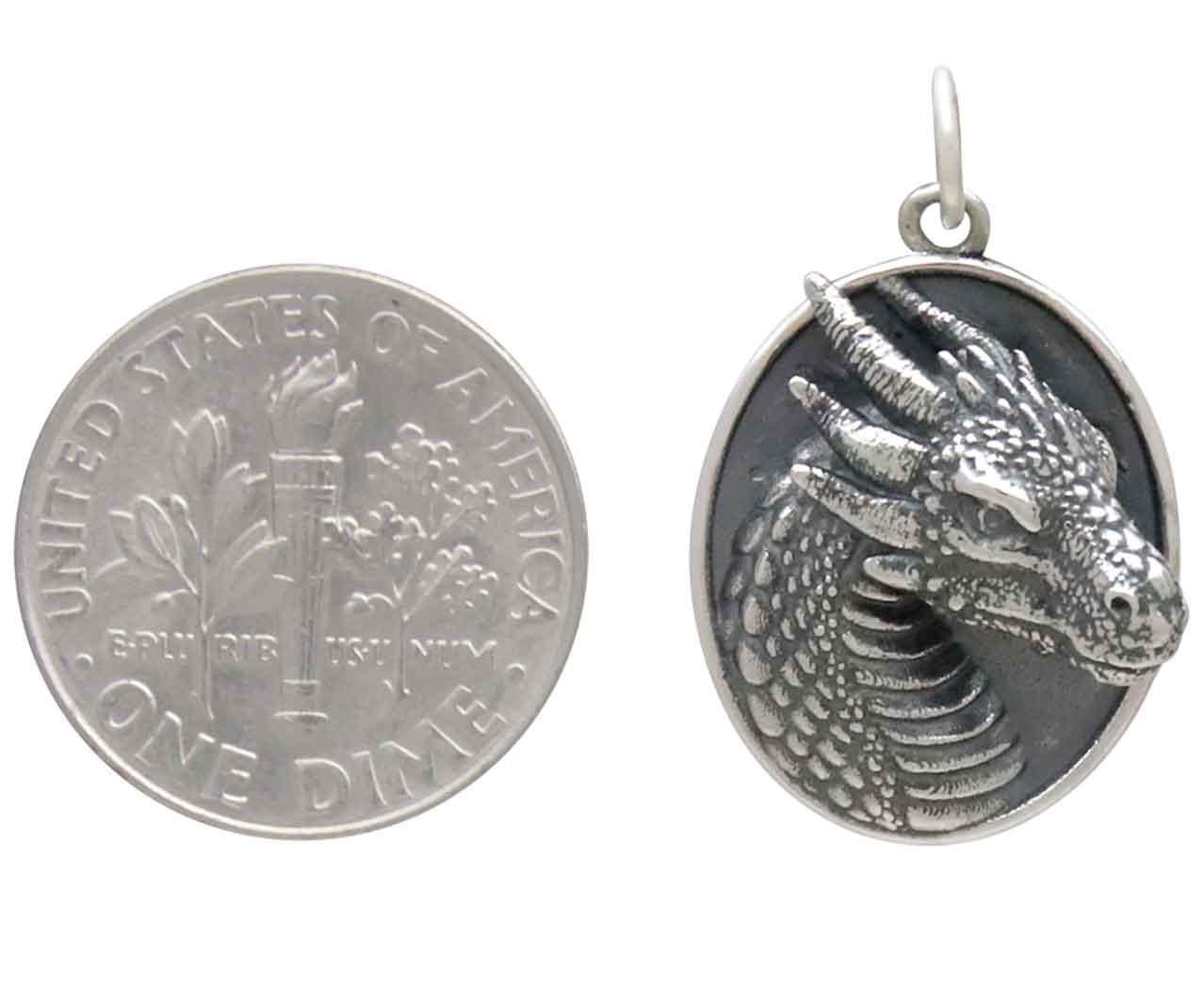 Sterling Silver Oval Dragon Pendant 25x16mm