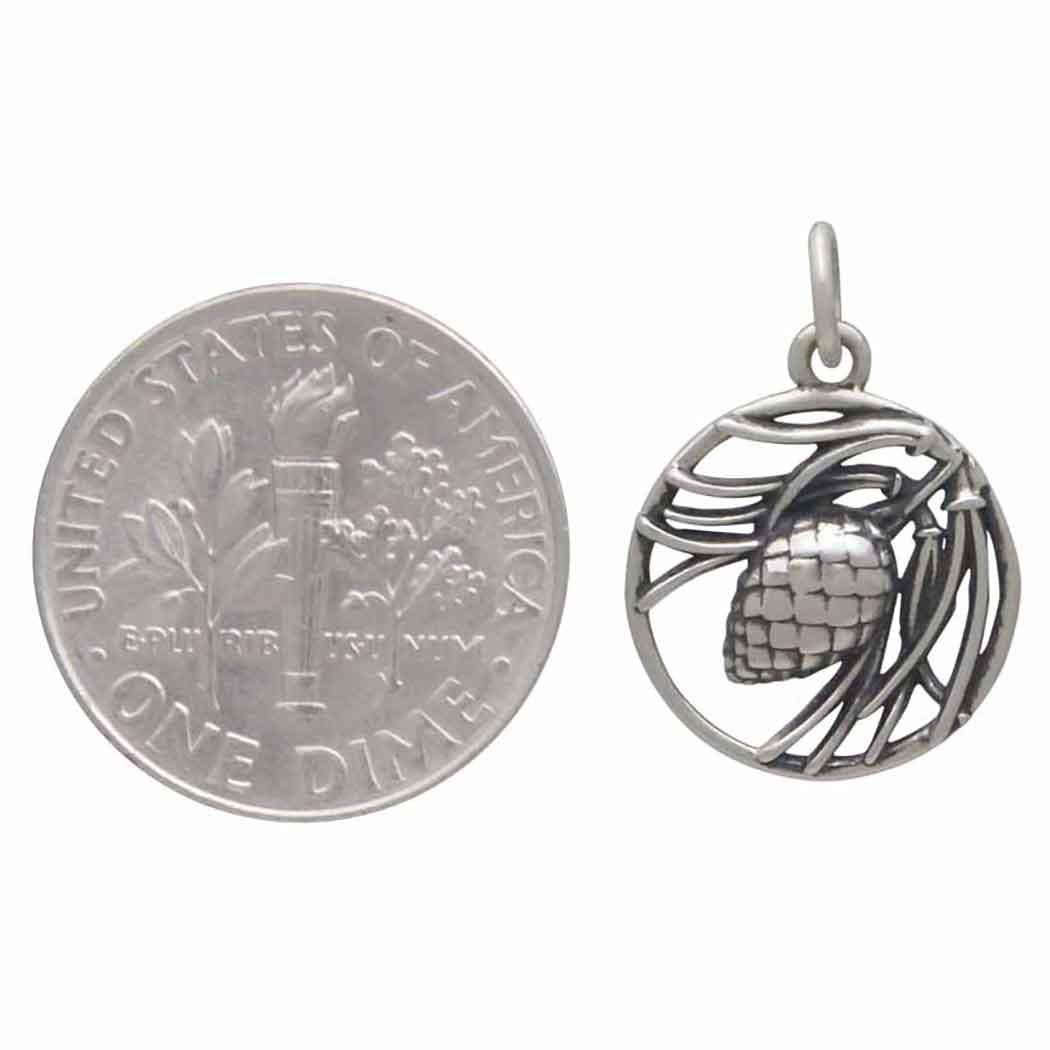 Sterling Silver Pineneedle and Pinecone Charm 19x13mm