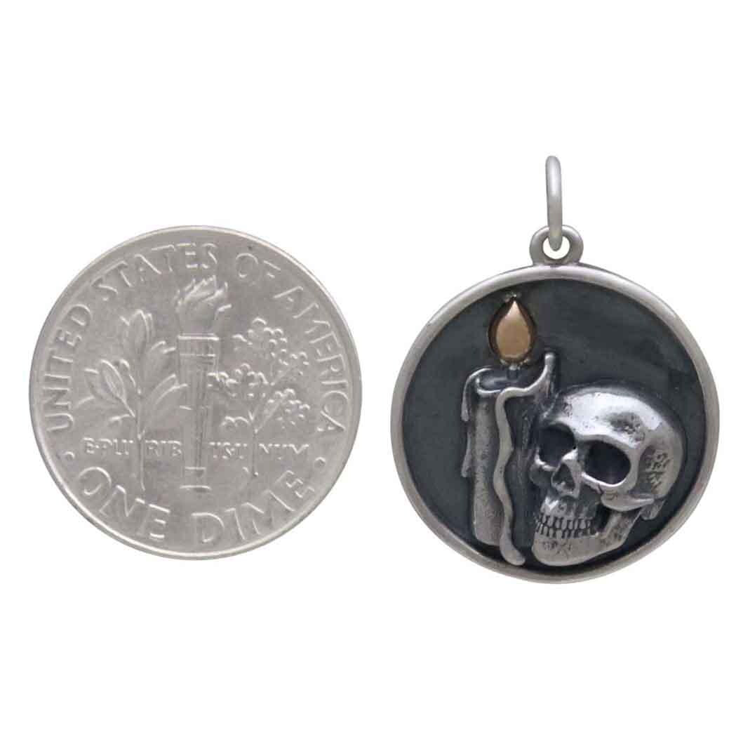 Sterling Silver Candle and Skull Pendant w Bronze 24x18mm