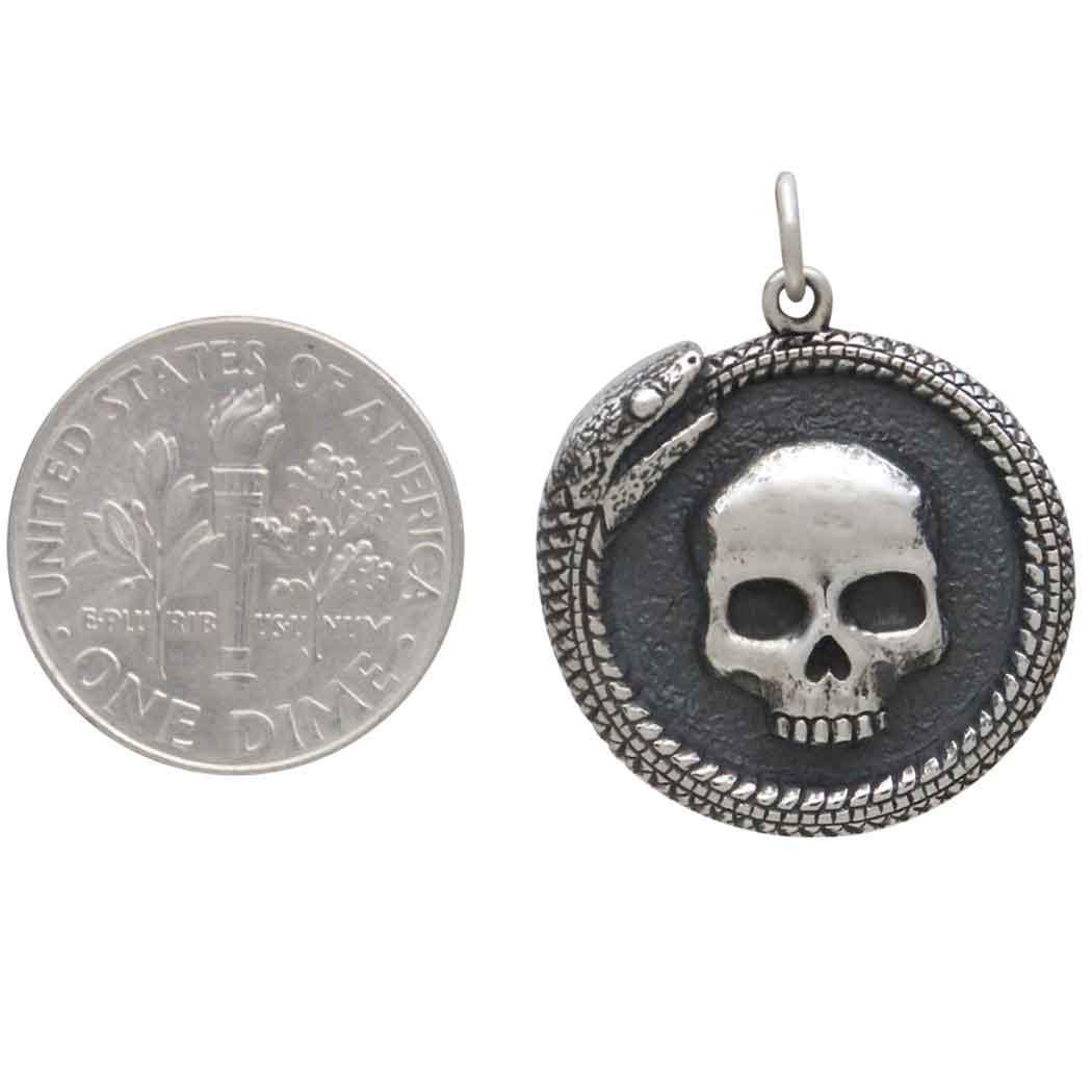 Sterling Silver Ouroboros Snake with Skull Pendant 27x21mm