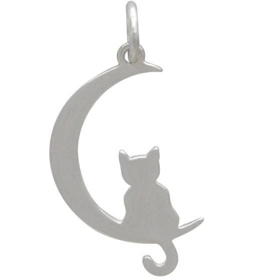 Sterling Silver Moon Charm with Kitty 25x11mm