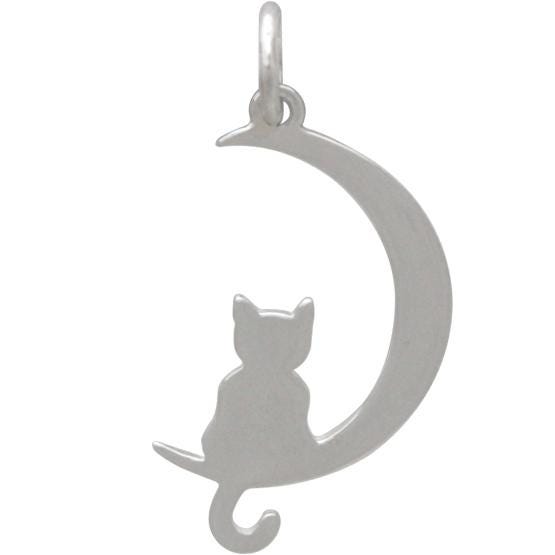 Sterling Silver Moon Charm with Kitty 25x11mm