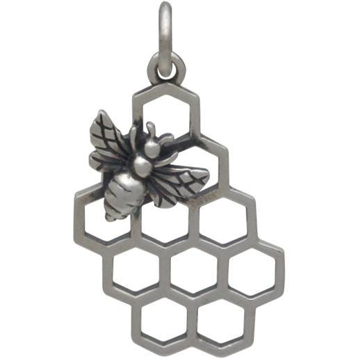 Sterling Silver Honey Bee Charm with Honeycomb 23x11mm