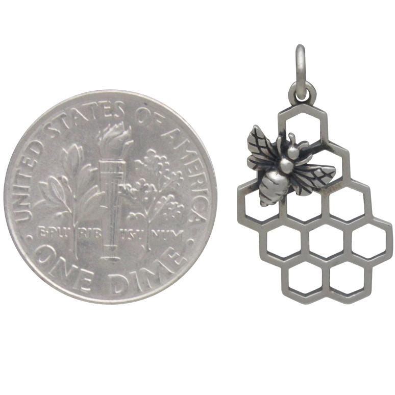 Sterling Silver Honey Bee Charm with Honeycomb 23x11mm