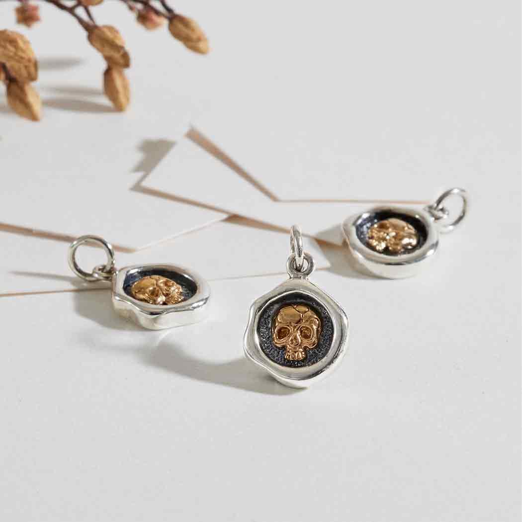 Wax Seal Skull Charm 16x10mm, Sterling Silver and Bronze