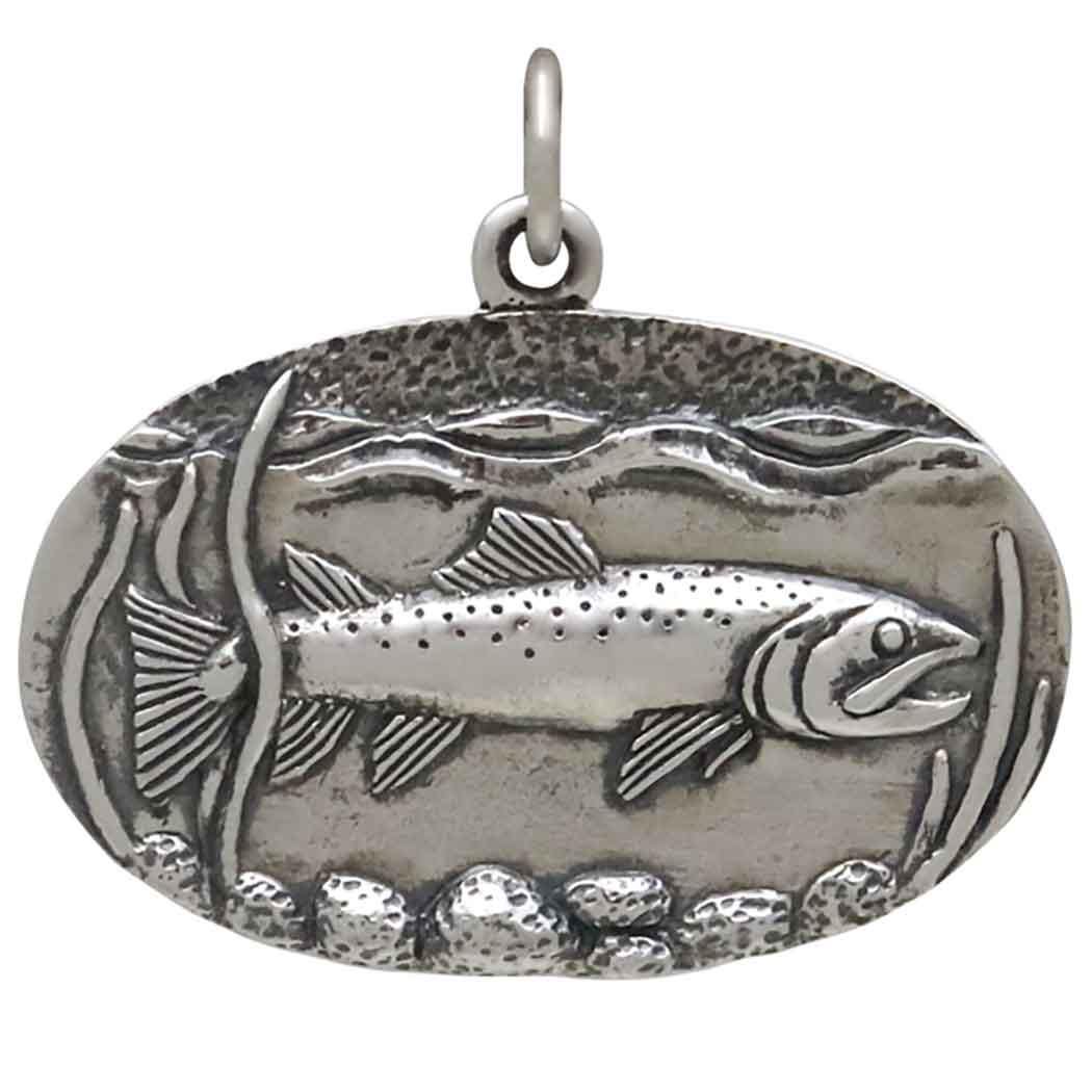 Sterling Silver Trout in Stream Pendant 22x25mm