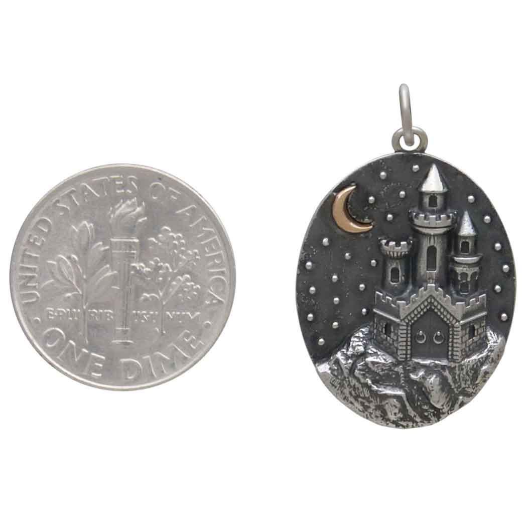 Sterling Silver Castle with Bronze Moon Charm 28x18mm