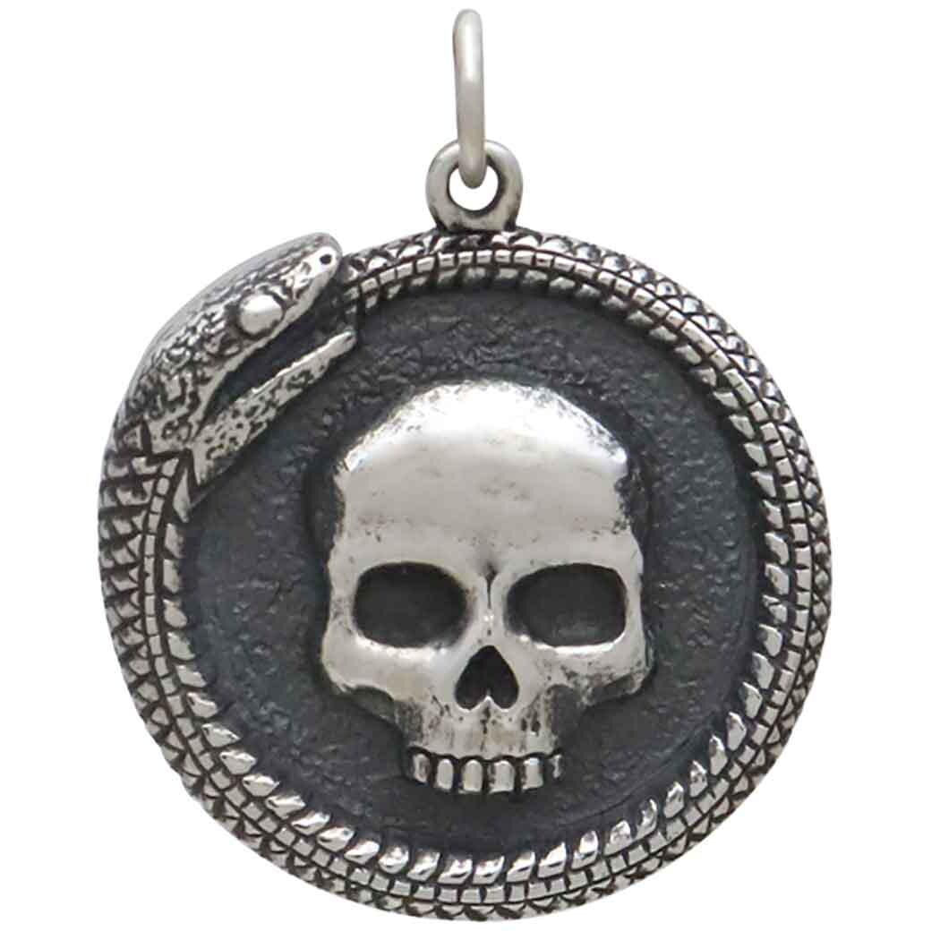 Sterling Silver Ouroboros Snake with Skull Pendant 27x21mm