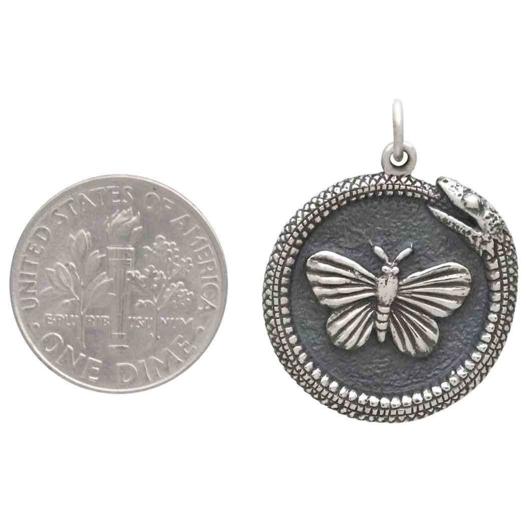 Sterling Silver Ouroboros Snake w Butterfly Pendant 27x21mm