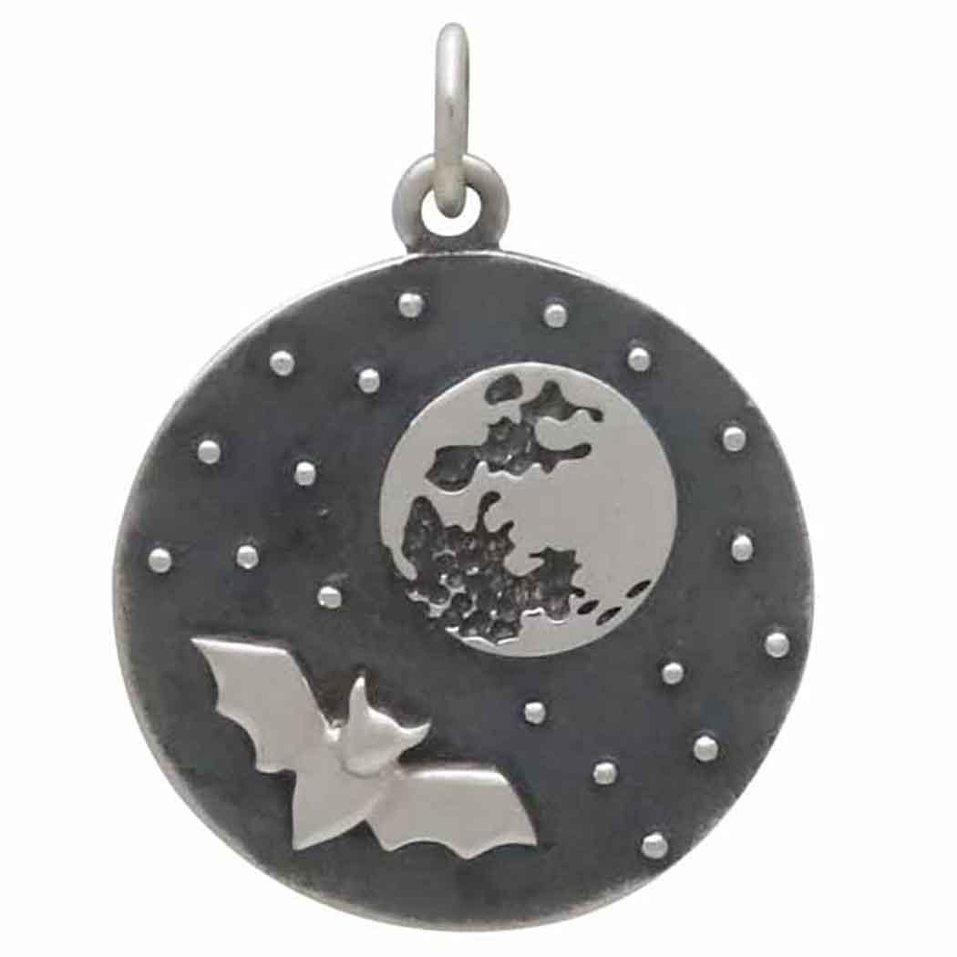 Sterling Silver Full Moon and Bat Charm 24x18mm