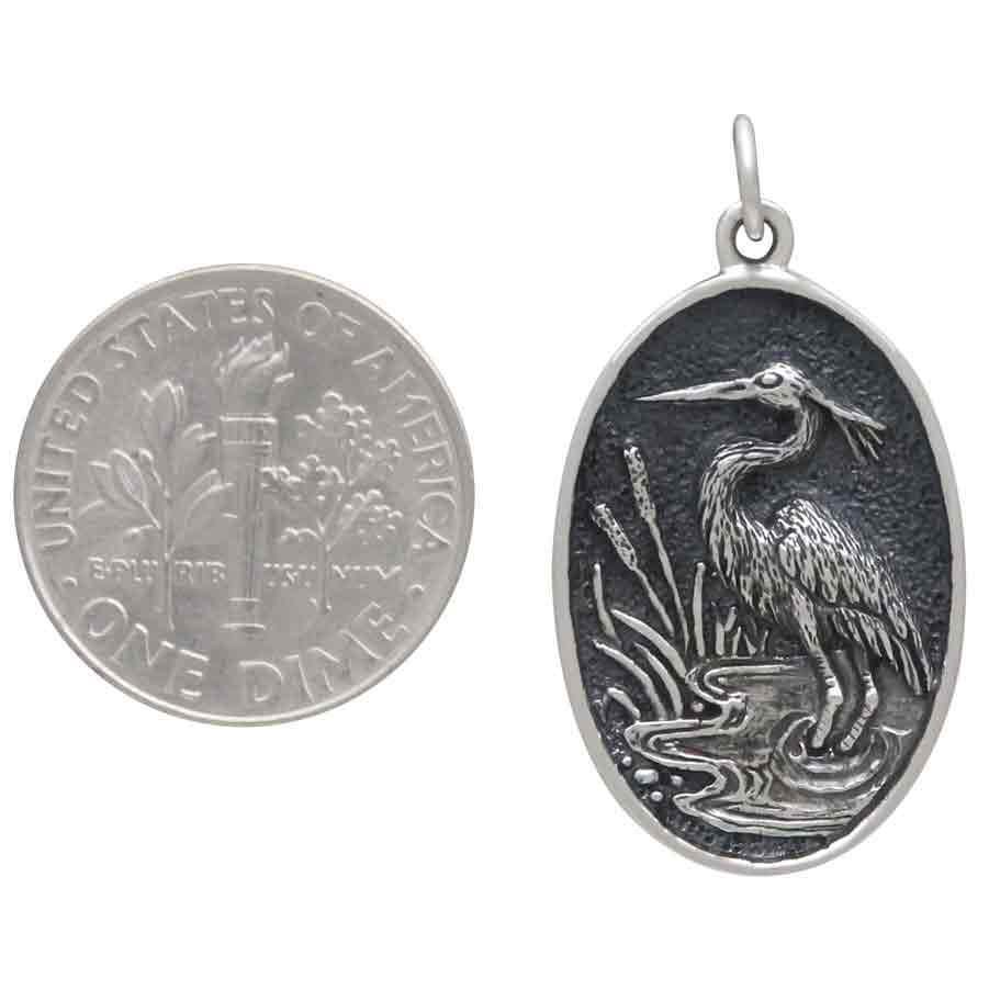Sterling Silver Heron in Pond Pendant 30x16mm
