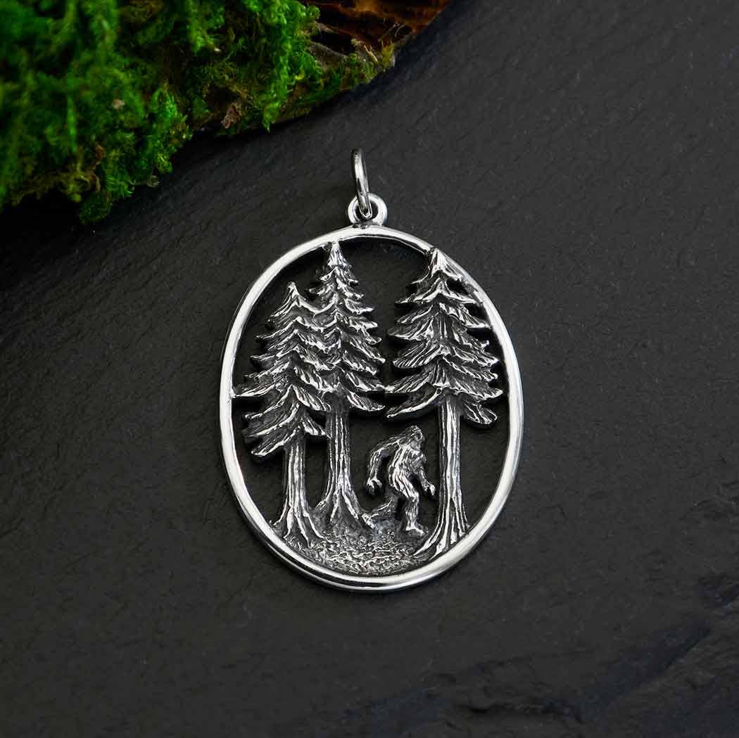 Sterling Silver Bigfoot in the Forest Pendant 33x22mm