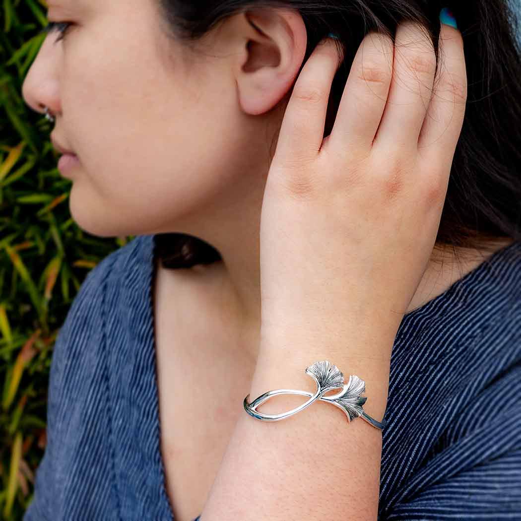 Sterling Silver Ginkgo Leaf Bracelet: Adjustable Open Cuff