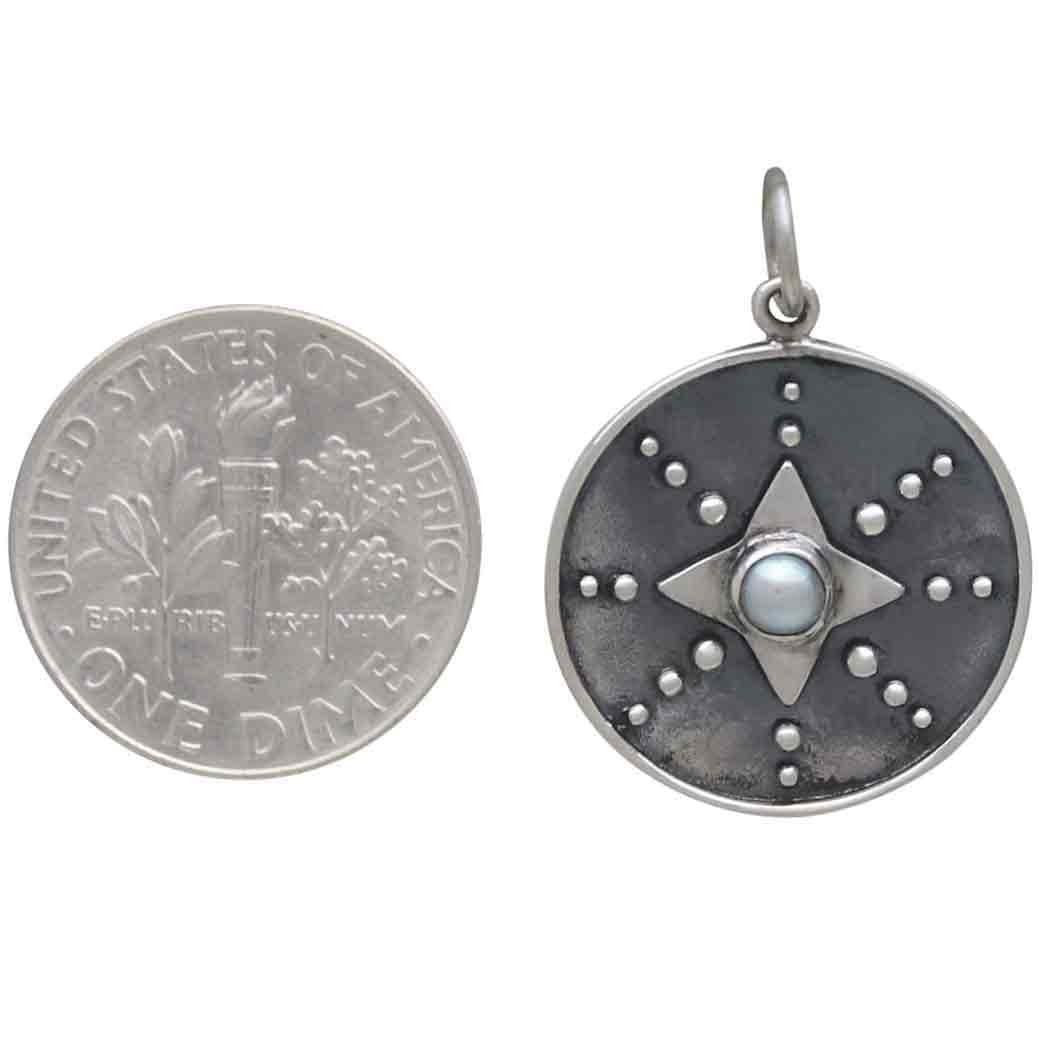 Sterling Silver North Star Pendant with Pearl 25x18mm