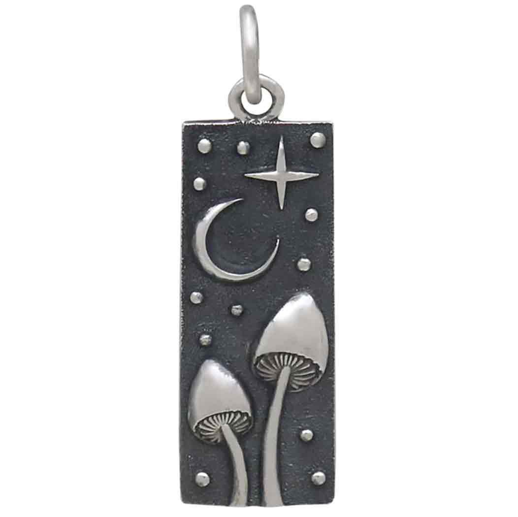 Sterling Silver Rectangle Mushrooms and Moon Charm 26x8mm