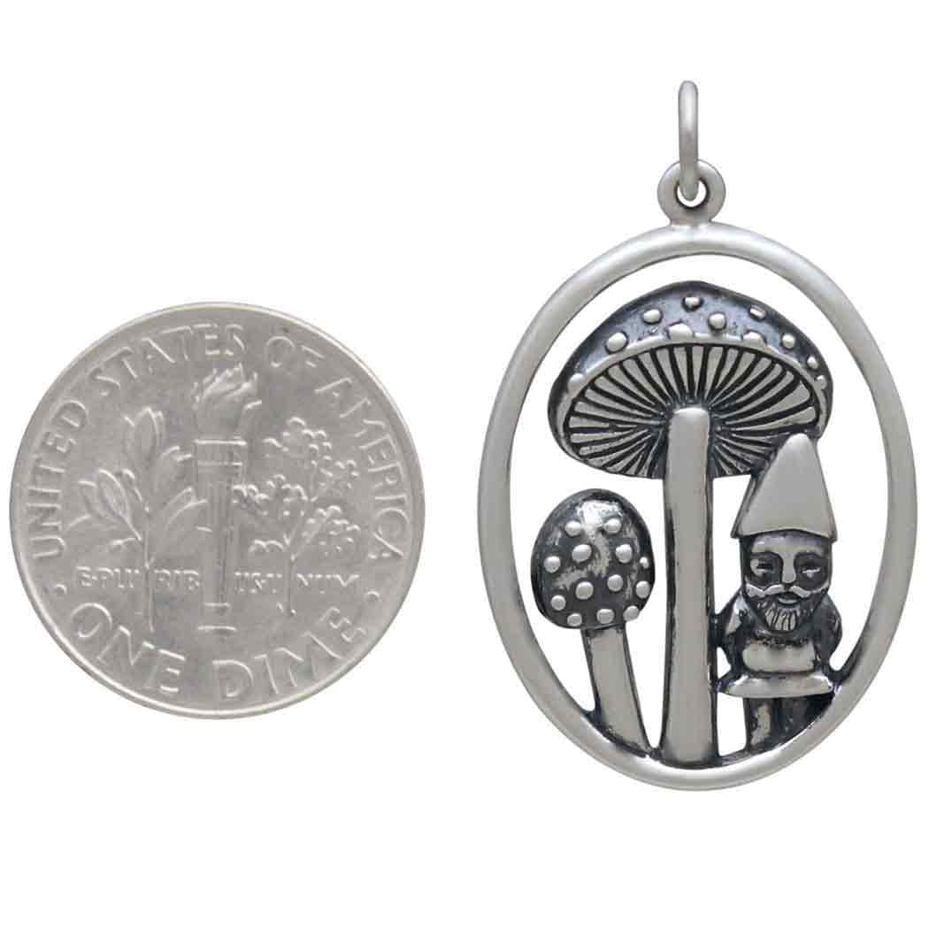 Sterling Silver Mushroom and Gnome Pendant 31x19mm