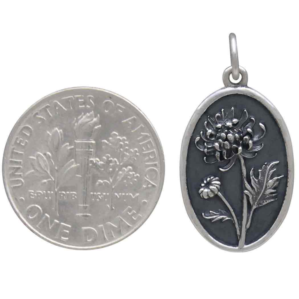 Silver Chrysanthemum Charm - November Birthflower 25x13mm