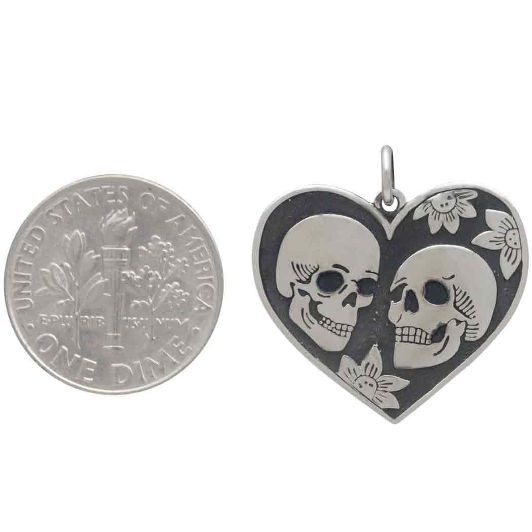 Sterling Silver Skull Lovers in Heart Pendant 24x22mm
